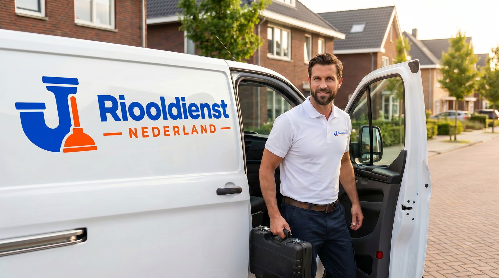 Monteur van Riooldienst Nederland stapt uit de servicebus